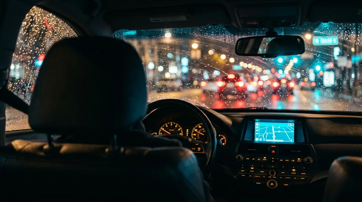 A car interior at night with an amber dashboard and cyan console screen, rain on the windscreen and blurred red and teal city lights outside.
