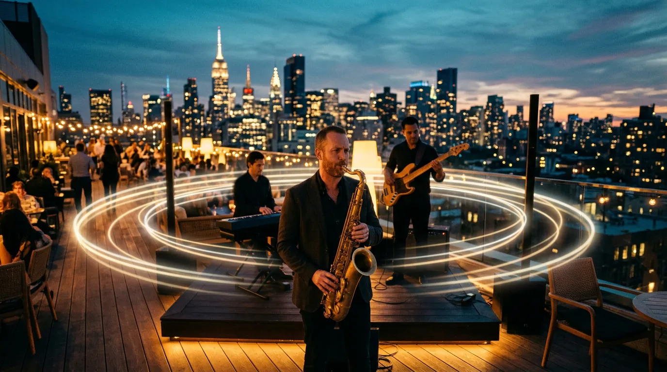 A saxophonist playing on a rooftop lounge terrace at dusk, city lights glowing behind and faint rings of light floating in the warm evening air.