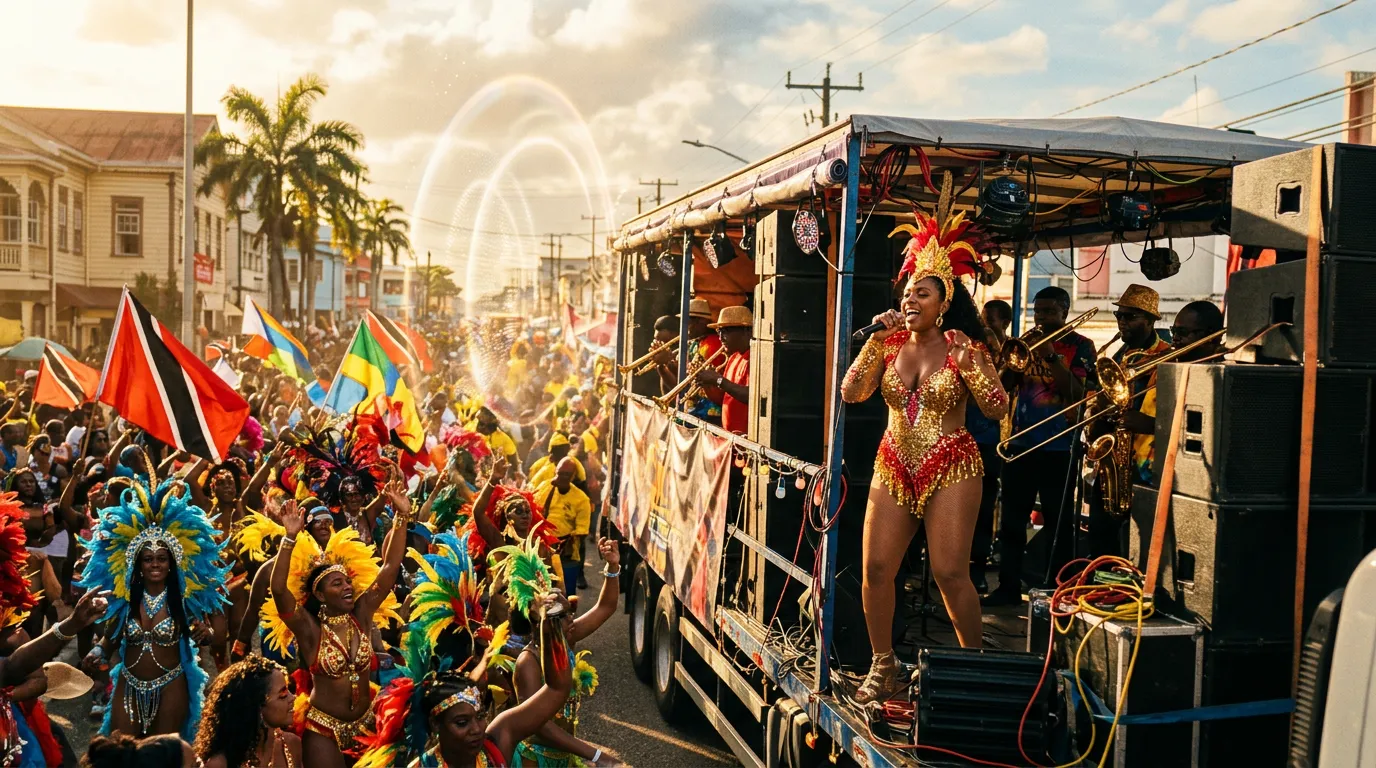 A soca singer on a music truck leading a crowd of carnival revellers in feathered costumes on a Port of Spain street, with a horn section beside him, with faint rings of light floating in the air.