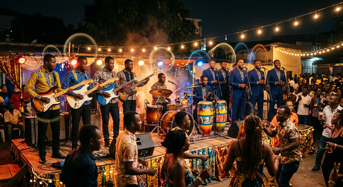 A Congolese rumba band with three electric guitarists, a bass player, a drummer, conga player and a line of singers in matching suits playing on an open-air bar stage in Kinshasa at night, with faint rings of light floating in the air.