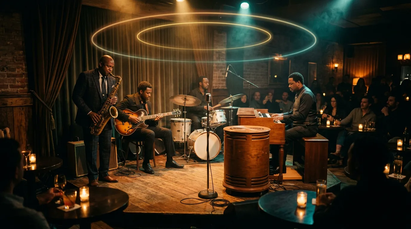 A soul jazz organ trio in a dim neighbourhood club with an organist, a tenor saxophonist and a drummer, warm lamps and faint rings of light floating above the stage.
