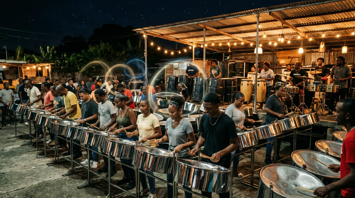 A large steel band with rows of chrome steelpans, bass pans and an engine room of percussion playing in an open-air panyard in Trinidad at night, with faint rings of light floating in the air.