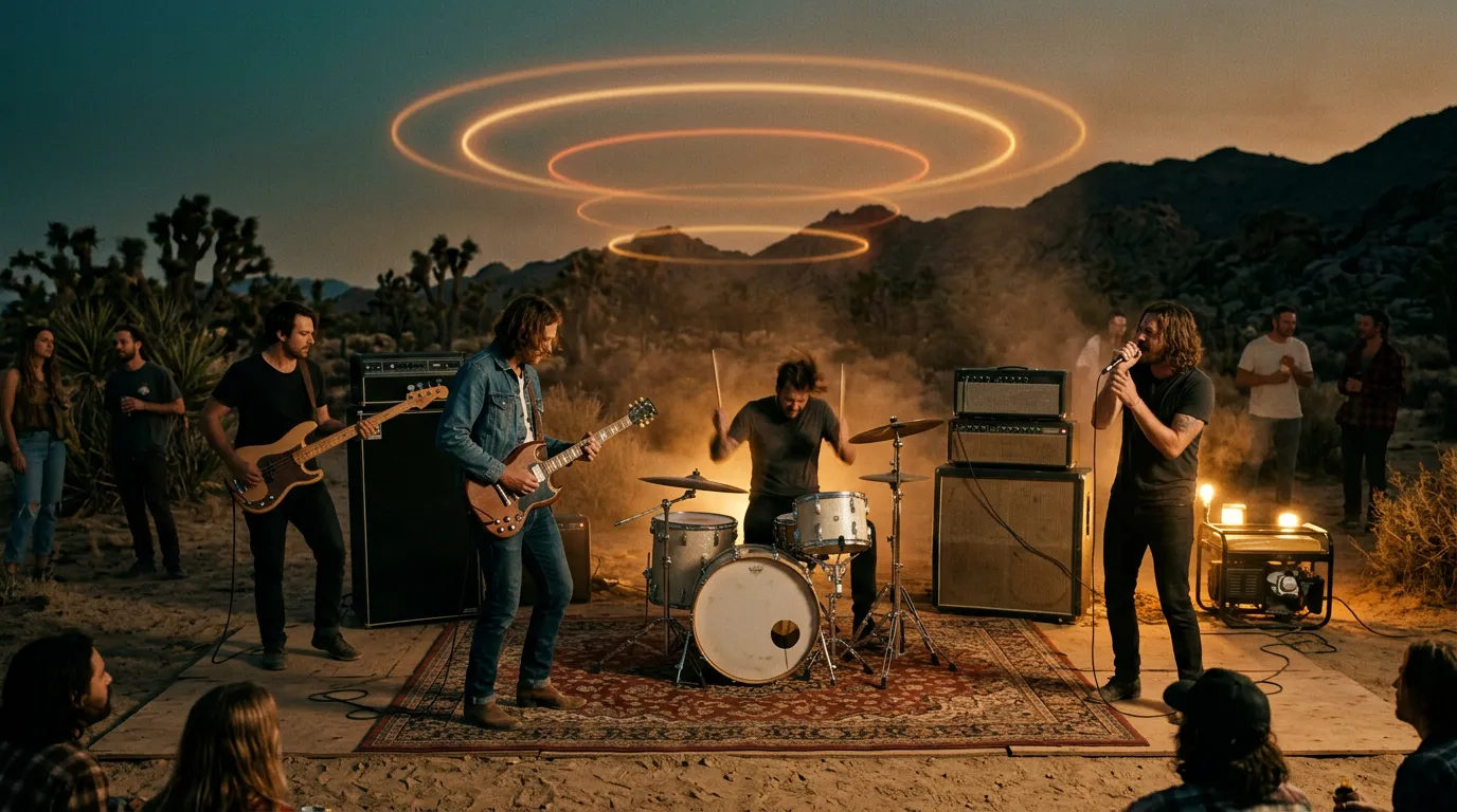 A rock band playing beside stacked amplifiers in the desert at dusk, dust in the warm light and faint rings of light floating in the air above them.