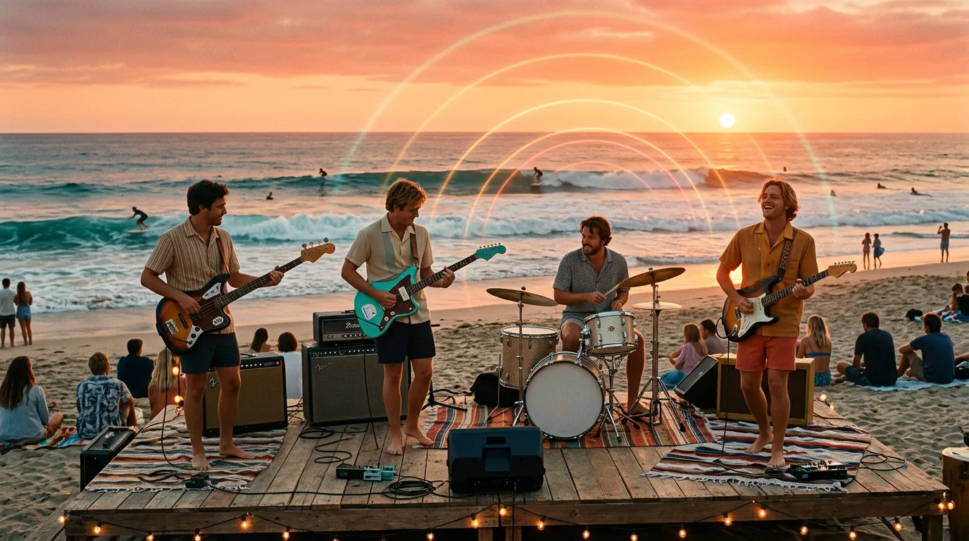 A surf band playing on a wooden beach stage at sunset, waves breaking behind them and faint rings of light floating in the warm air above the sand.