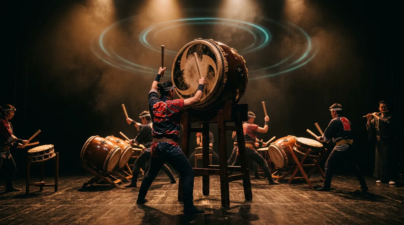 A taiko ensemble strikes a large o-daiko and rows of barrel drums on a dark wooden stage, with faint rings of teal light floating in the warm air.
