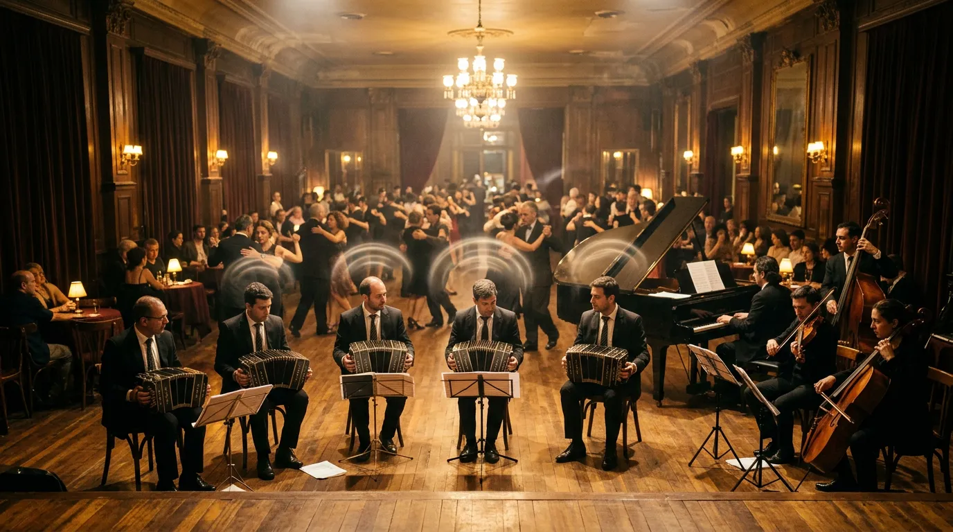 A tango orchestra with a row of bandoneons, violins, piano and double bass playing in an old Buenos Aires dance hall while couples dance, with faint rings of light floating in the air.