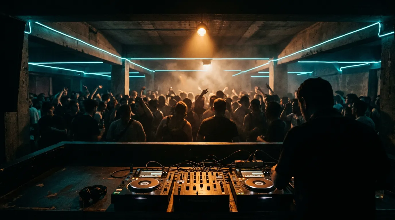 DJ decks and a mixer glowing amber in the foreground of a dark underground club, with a hazy crowd in silhouette under cyan ceiling strips.