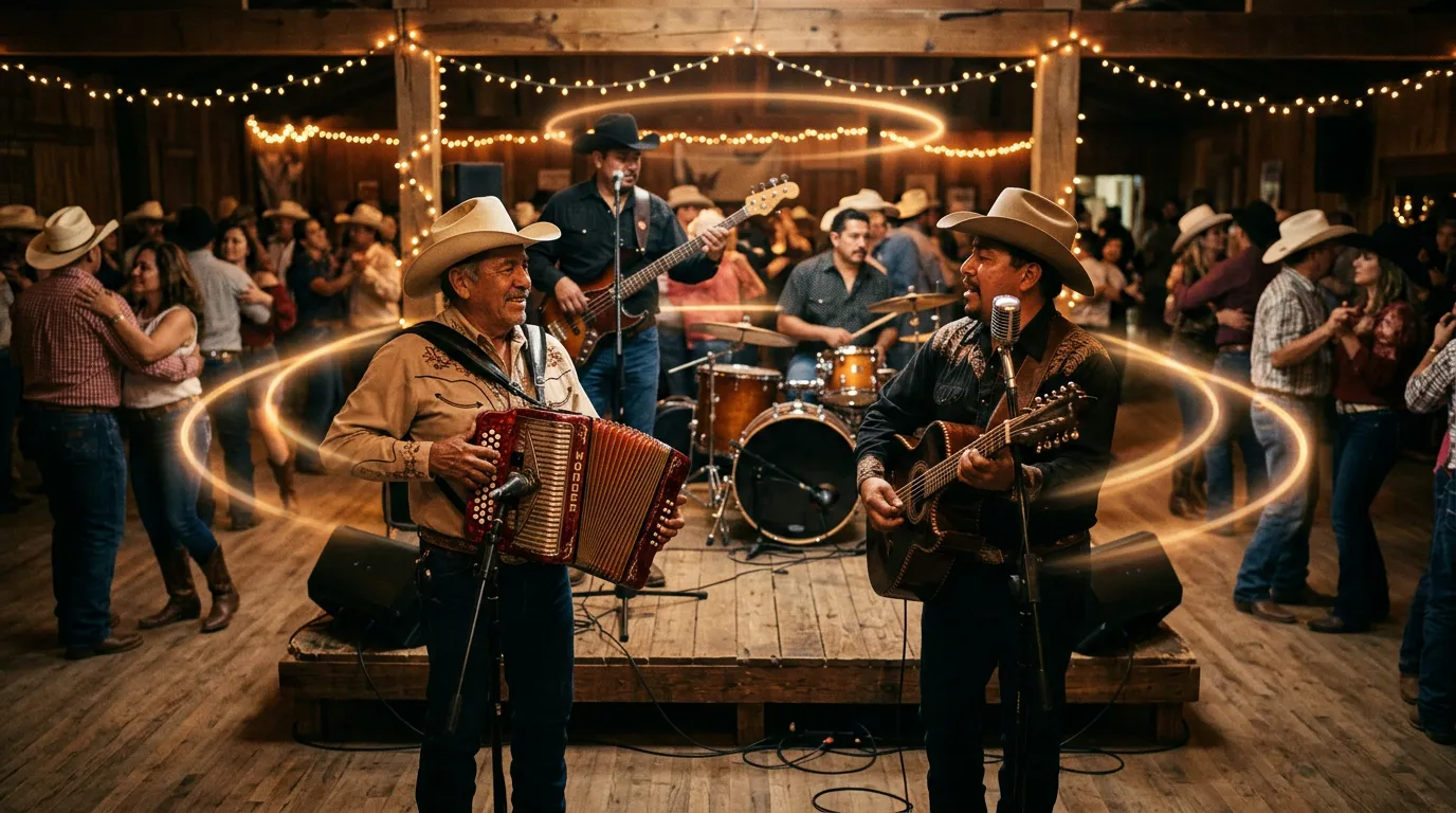 A Tejano conjunto with button accordion, bajo sexto, electric bass and drums playing on a small dance hall stage in South Texas, with faint rings of light floating in the air.