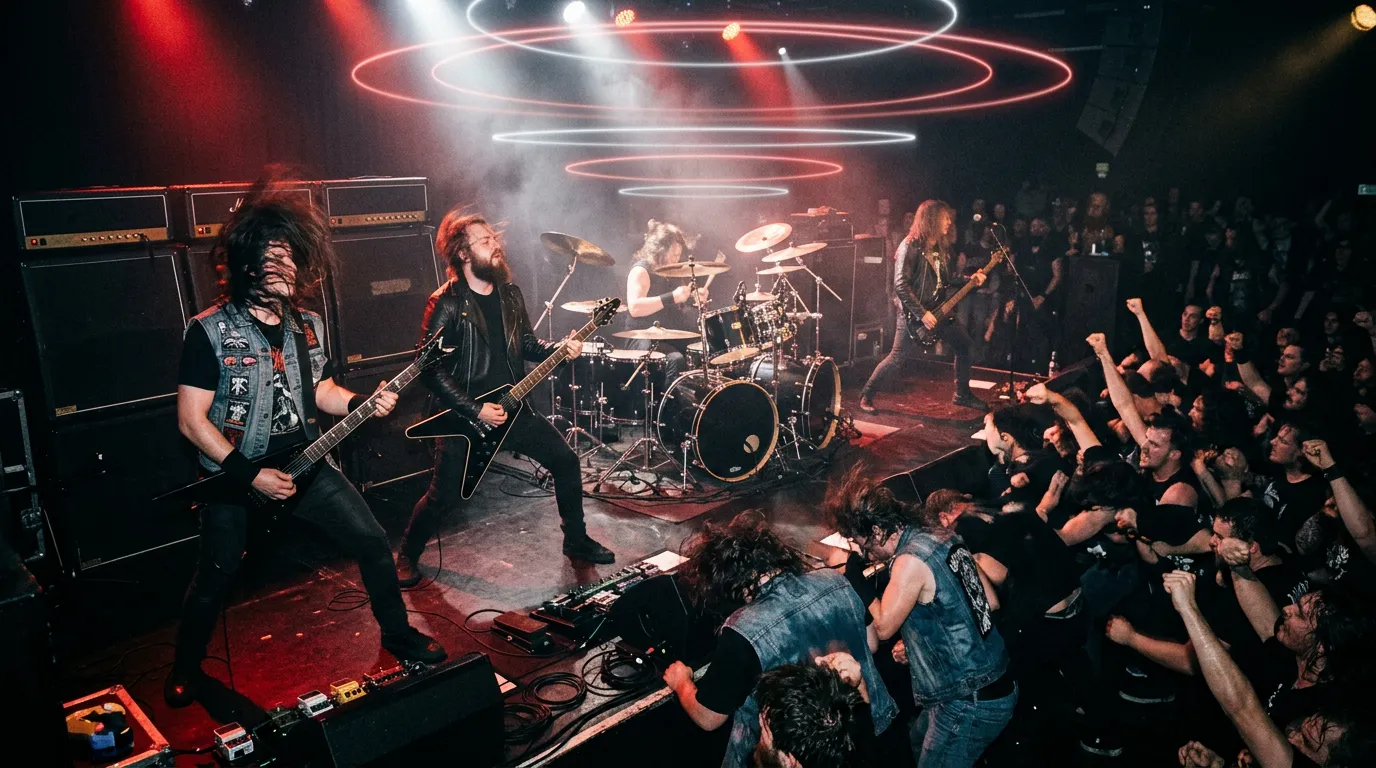 A thrash metal band playing fast on a small club stage, guitarists headbanging under hard white and red light, a crowd moshing below and faint rings of light floating above.