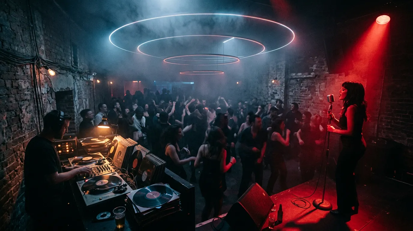 A dim, smoky basement club with a turntable setup and a singer at a microphone in a red spotlight, faint rings of light hanging in the haze above.