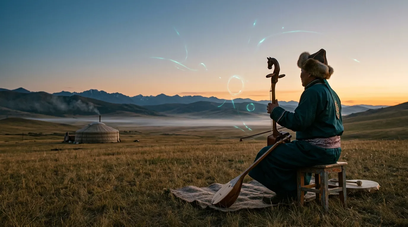 A Tuvan throat singer in traditional dress sits on the open steppe at dusk holding an igil fiddle, with mountains behind and faint rings of teal light in the air.