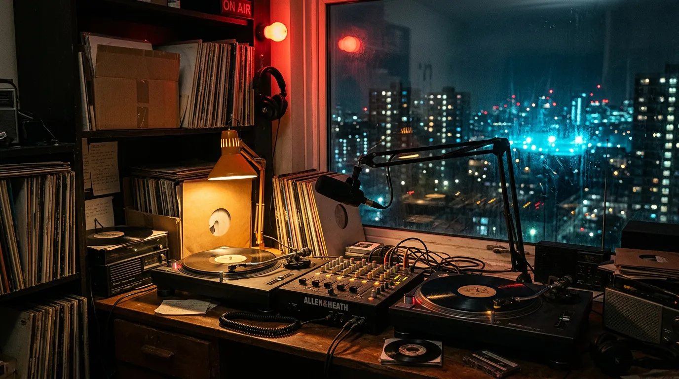 Pirate radio desk in a tower block flat with two turntables, a boom microphone and vinyl stacks, lit tower blocks glowing cyan outside