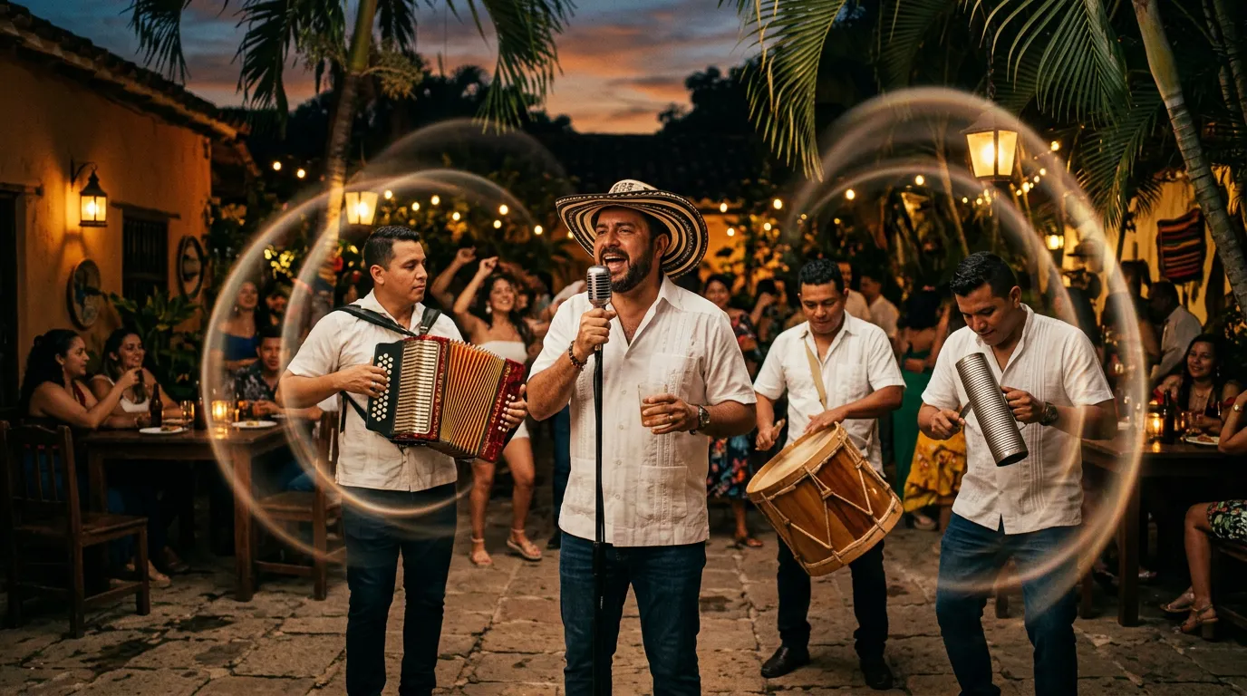 A vallenato trio with a button accordion, a small caja drum and a guacharaca scraper playing in a palm-shaded patio in Valledupar at dusk, with faint rings of light floating in the air.