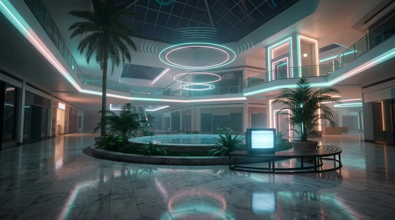 An empty shopping mall atrium at night with palm trees, a still fountain, glossy marble floors, teal and pink neon light and soft glowing rings in the haze.