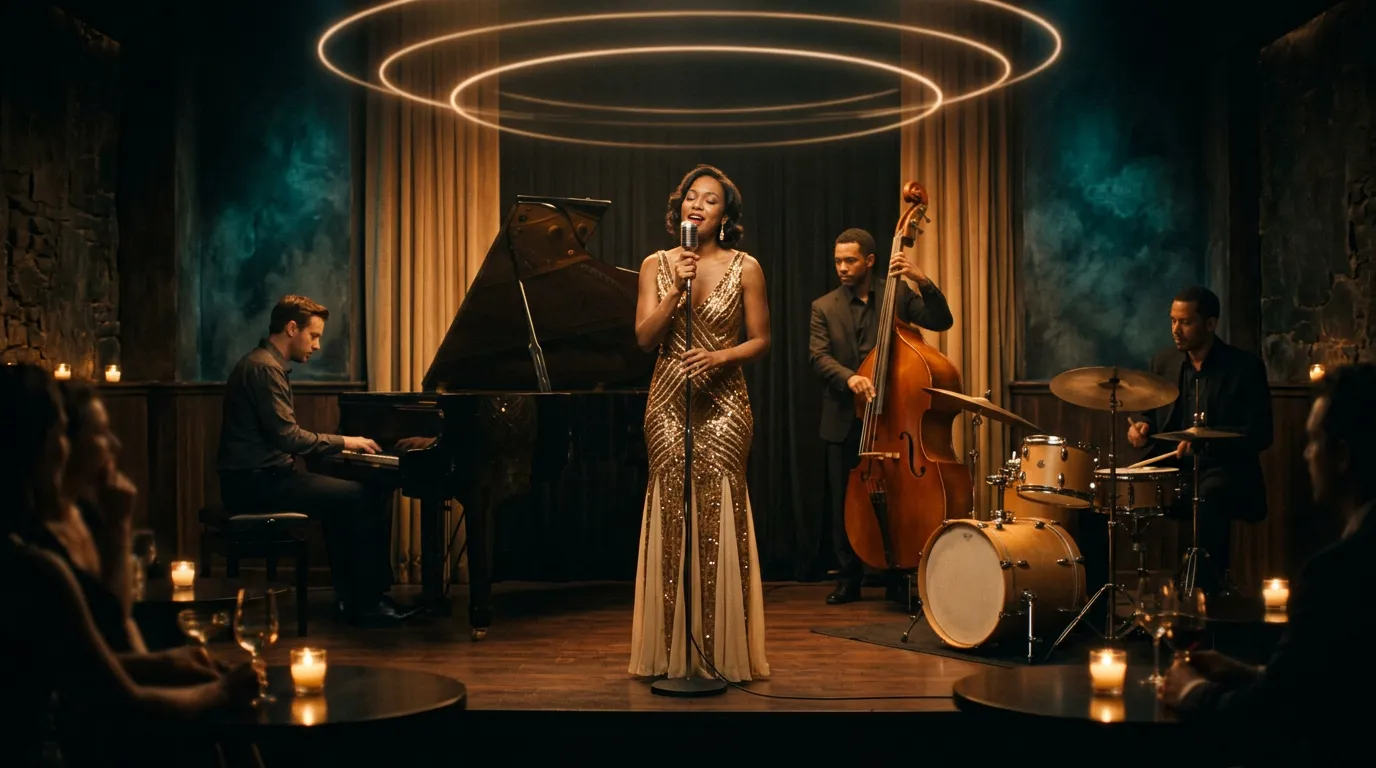 A jazz singer at a vintage microphone in a dim, candle-lit club with a pianist, bassist and drummer behind her and faint rings of light floating above.