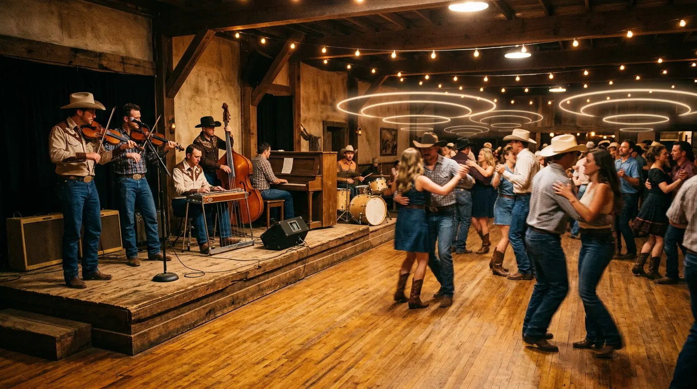 A Western swing band on a wooden dance hall stage with fiddles, a steel guitar and an upright bass, couples dancing and faint rings of light floating above the floor.