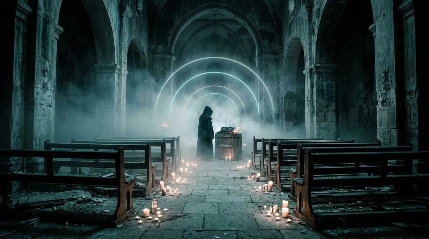 An abandoned stone chapel at night filled with cold fog, candles flickering on the floor, a lone figure in a hood and faint glowing rings of light hovering above.