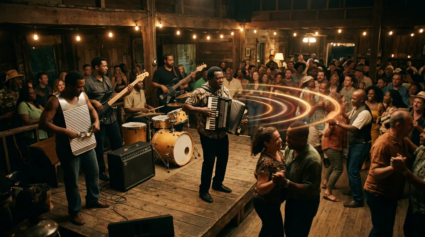 A zydeco band on a small Louisiana dance hall stage with an accordion player and a rubboard player, couples dancing and faint rings of light floating above the floor.