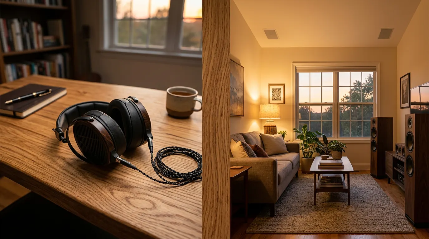 Over-ear headphones on a wooden desk beside a living room with floor-standing and ceiling speakers
