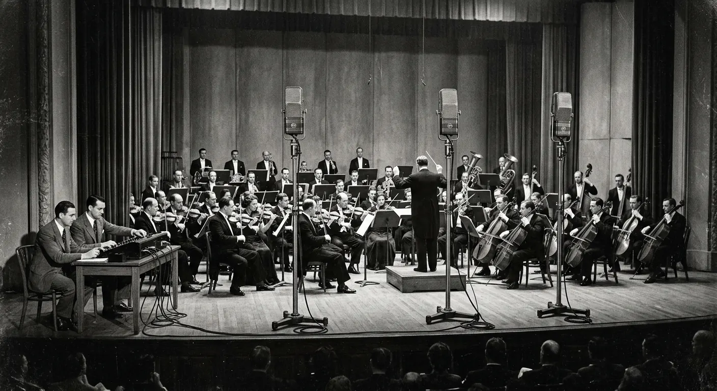 A 1930s orchestra on stage with three large microphones on tall stands across the front of the stage and engineers at the side