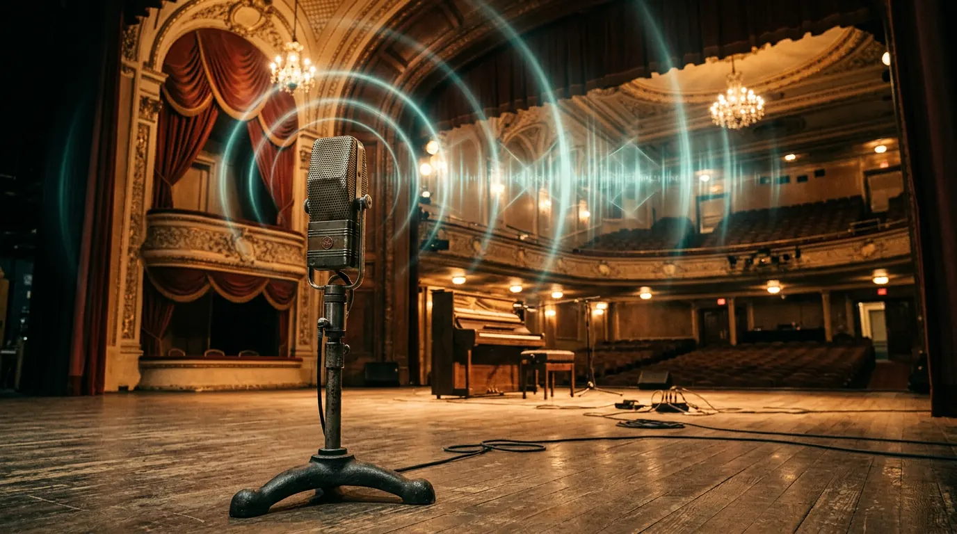 A vintage ribbon microphone on the stage of an ornate old concert hall with faint glowing sound waves in the air