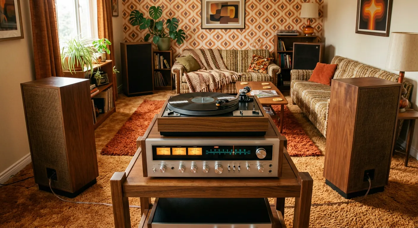 A 1970s living room with a vintage receiver with four meters, a turntable and wooden speakers placed around the room