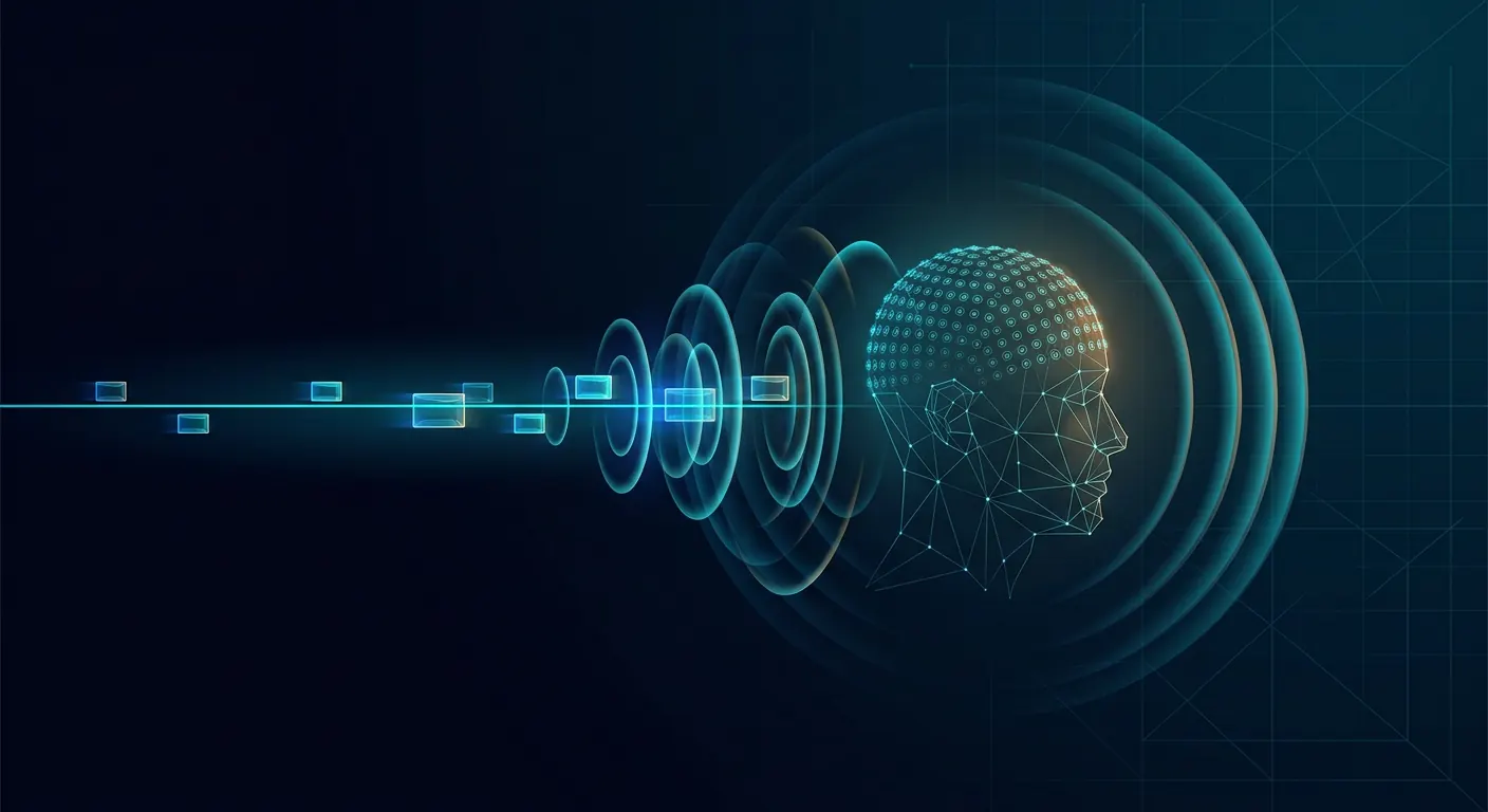 Glowing data packets flowing along a line and turning into sound waves around a wireframe listener head