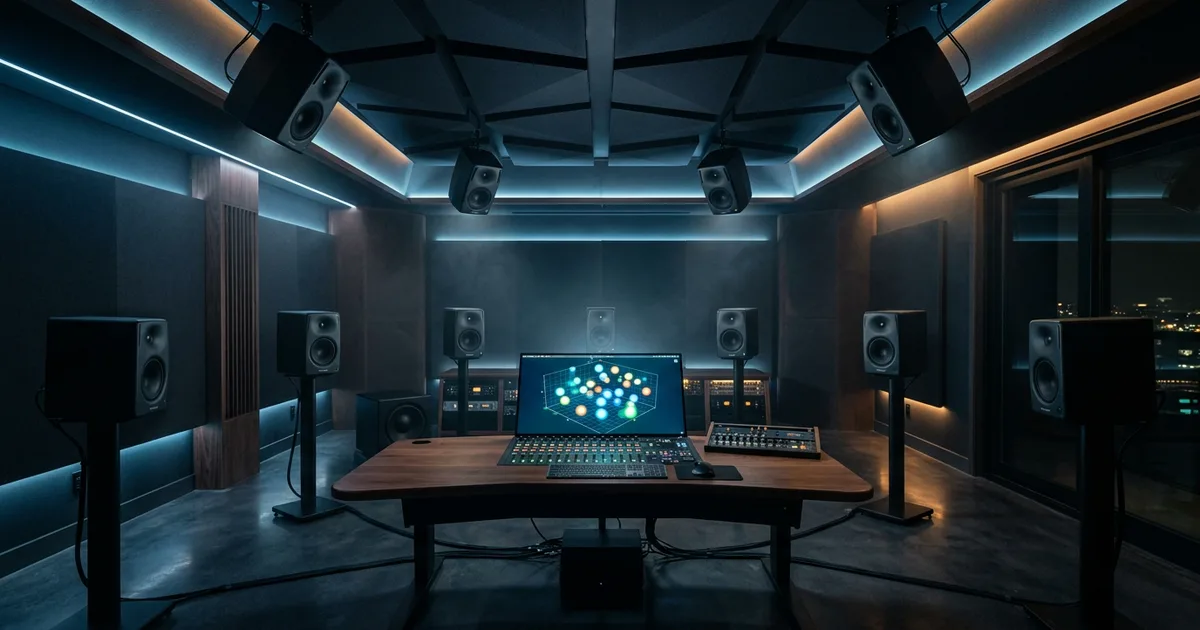 A dark 7.1.4 immersive music studio with a circle of studio monitors, four ceiling speakers and a mixing desk showing a 3D sphere of sound objects