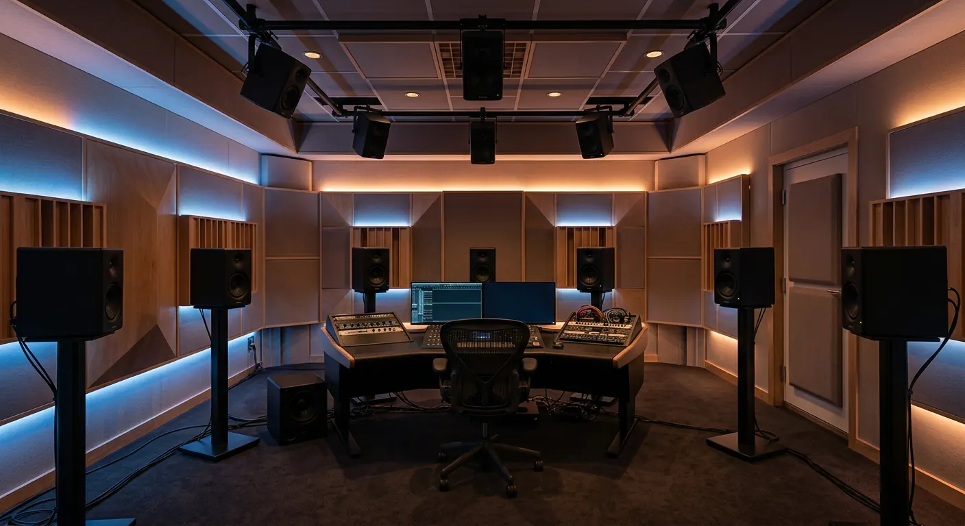 An immersive mixing studio with a ring of monitor speakers at ear level and more speakers mounted on the ceiling around a mixing desk