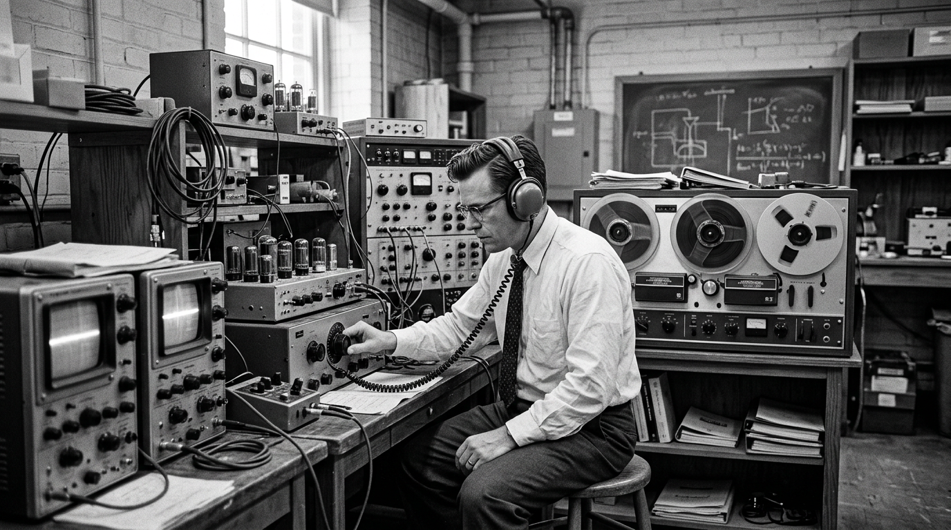 Black and white photograph style image of a 1950s acoustics laboratory with oscilloscopes, reel-to-reel tape and a researcher wearing headphones