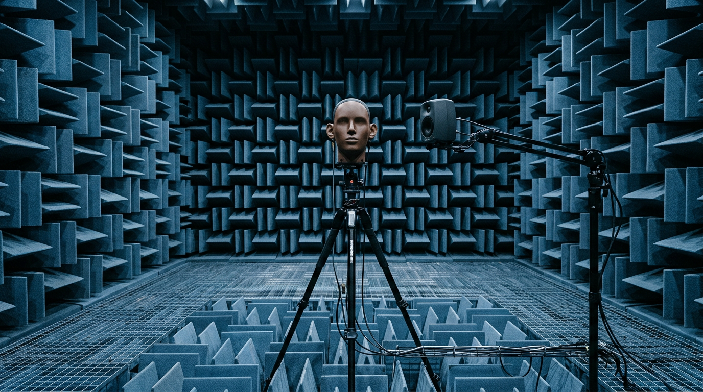 An anechoic chamber with foam wedges covering every surface and a dummy head with microphones in its ears at the centre