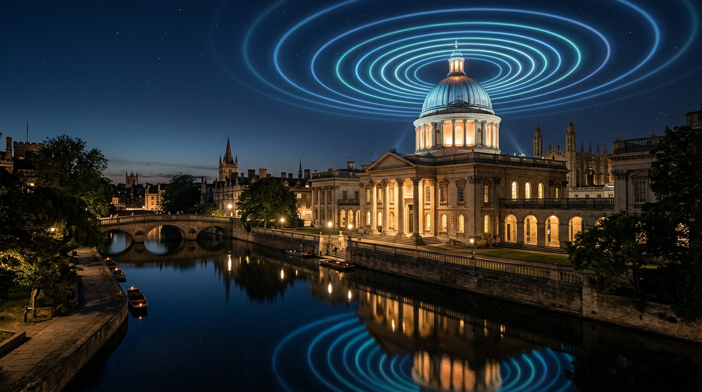 A domed university building at night surrounded by glowing concentric sound rings, symbolising MIT research into human hearing