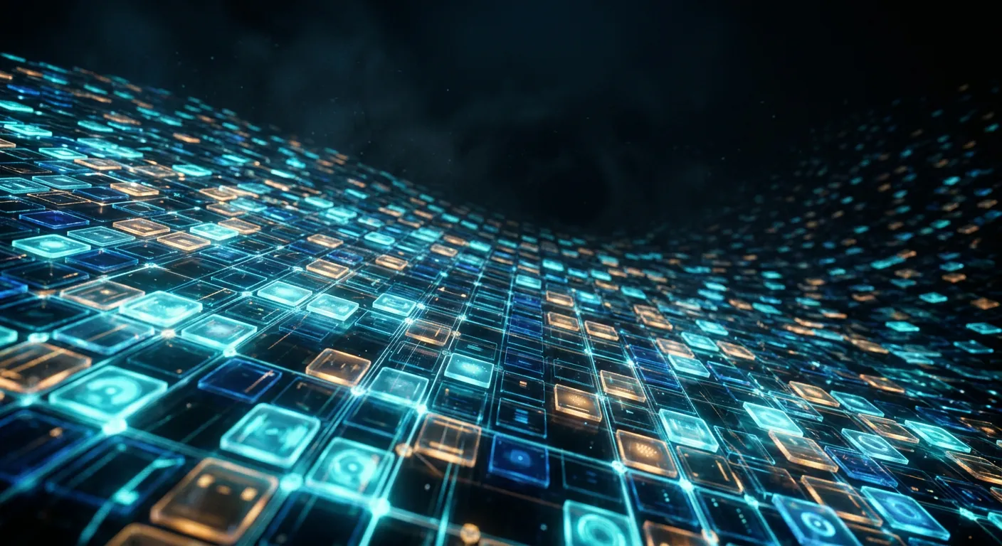 Rippling field of glowing cyan, blue and amber square tiles receding into darkness like a digital landscape