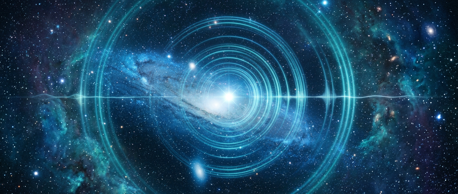 A blue and teal nebula and spiral galaxy with glowing sound wave rings radiating from a central star, representing the sound of space