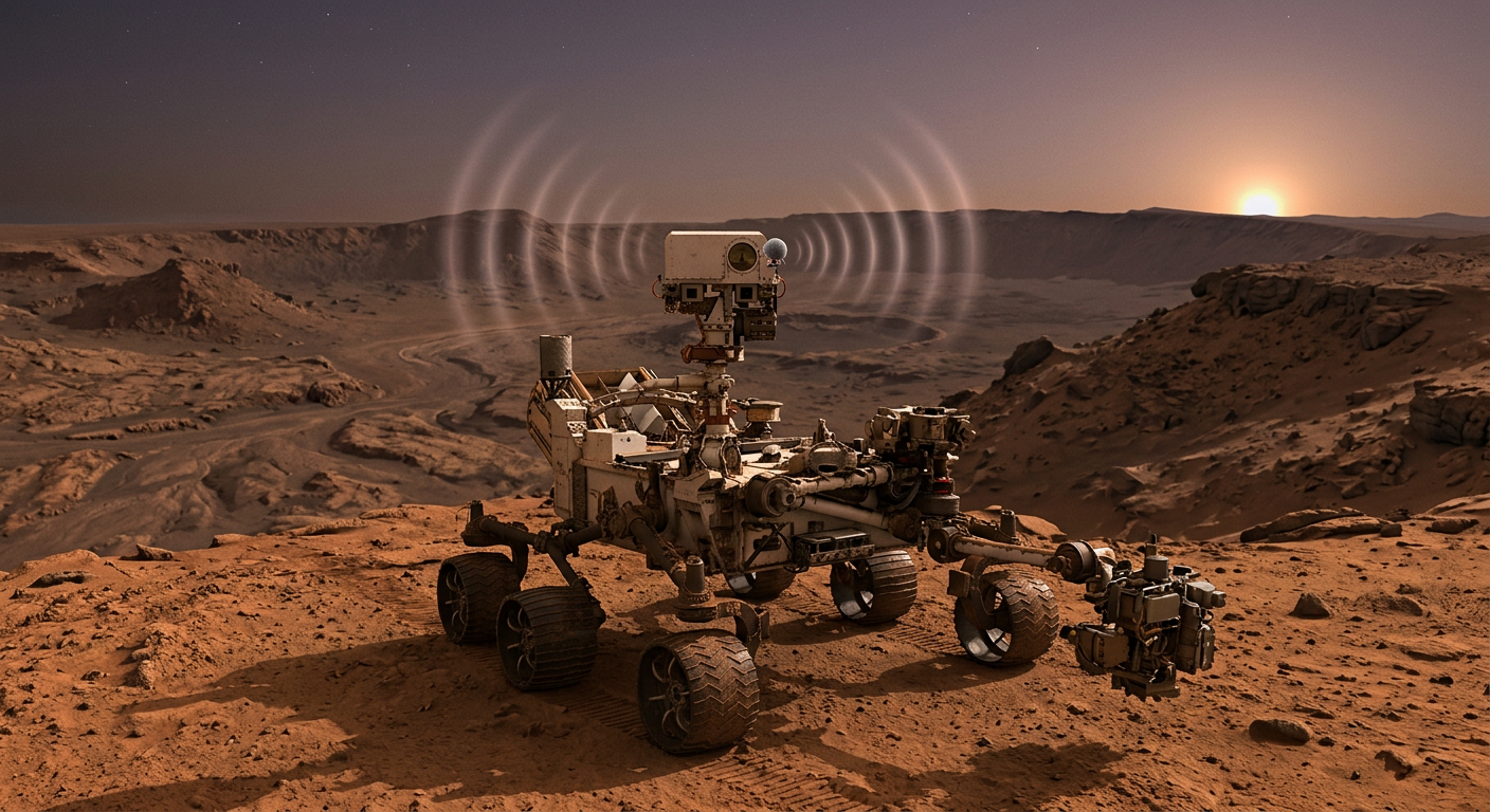 A Mars rover on the red surface of a crater at dusk, a microphone on its mast, with faint sound ripples in the thin air