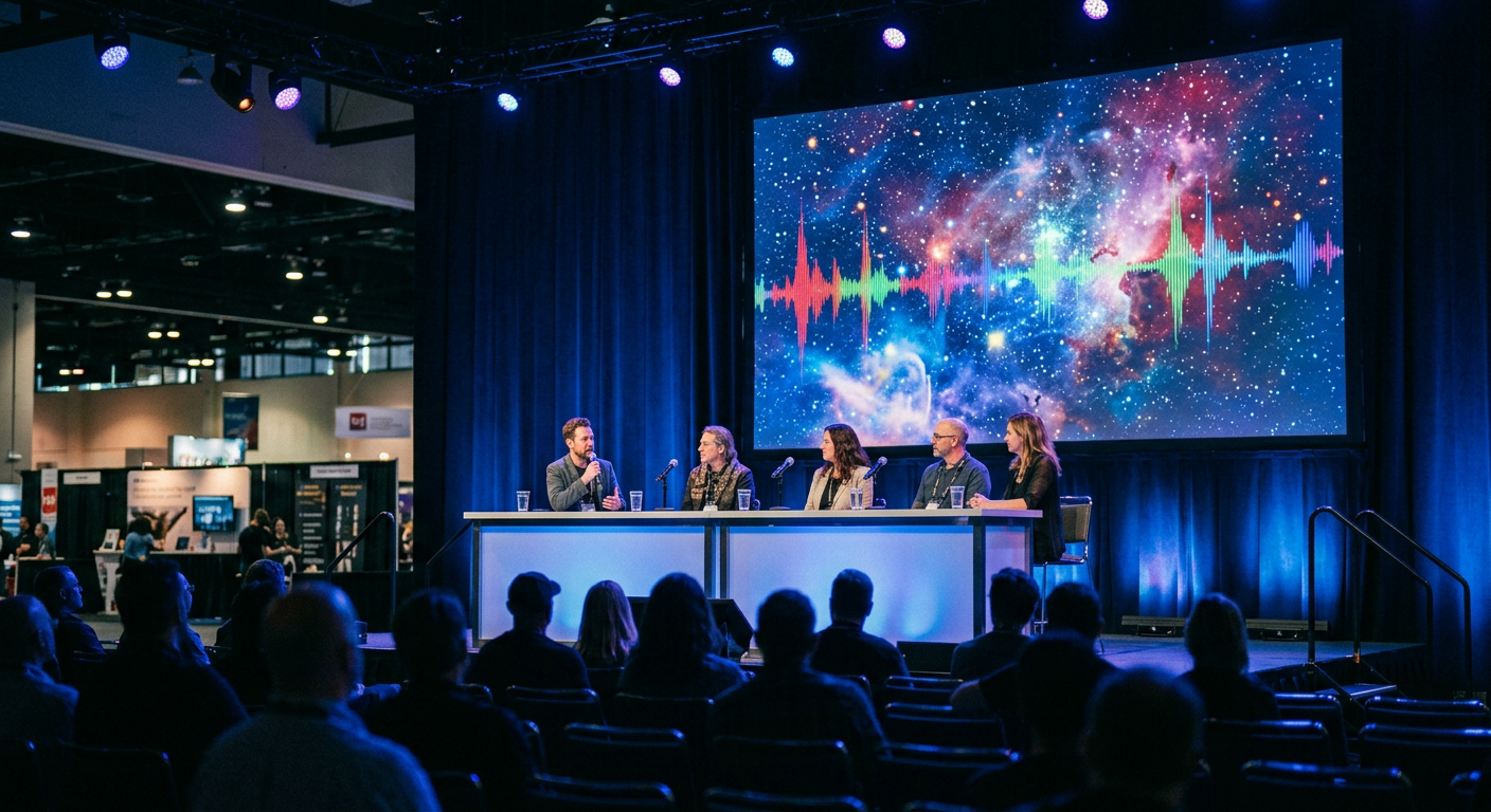 A music technology conference panel on stage in front of a large screen showing a galaxy with colourful sound waveforms