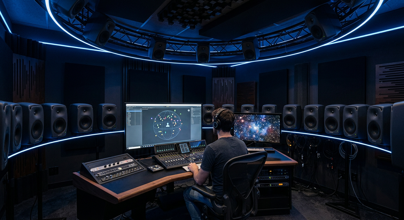An immersive audio studio with a ring of speakers, a 3D sphere of sound objects on screen and a starfield on a second monitor