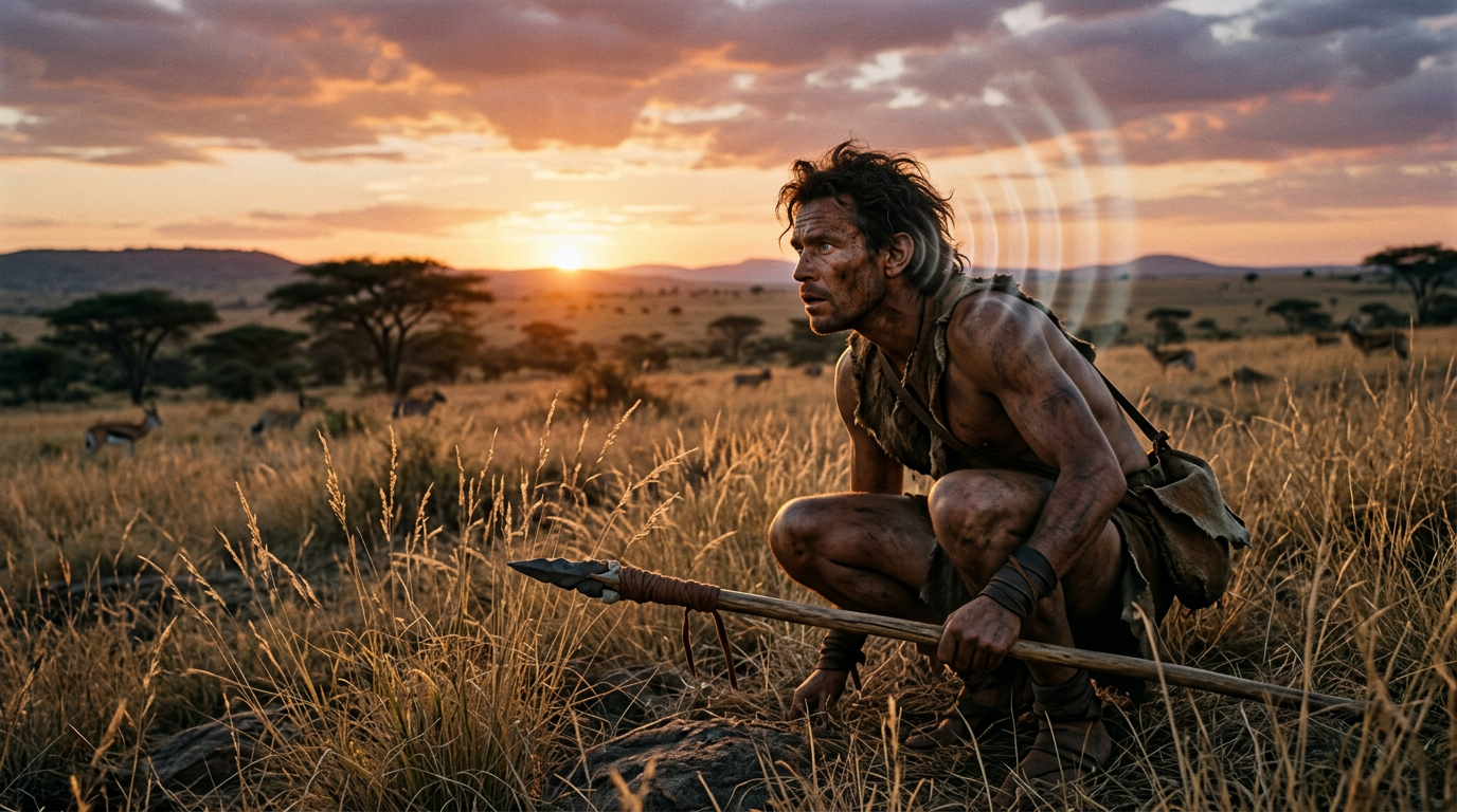An early human crouching in savanna grass at dusk, turning their head to listen to a distant sound