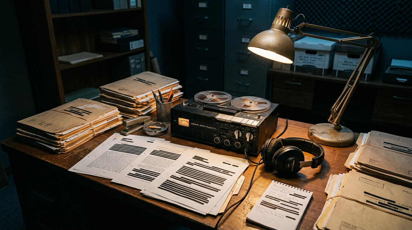A 1980s archive desk with manila folders, a reel-to-reel tape recorder, old headphones and redacted typewritten pages under a desk lamp