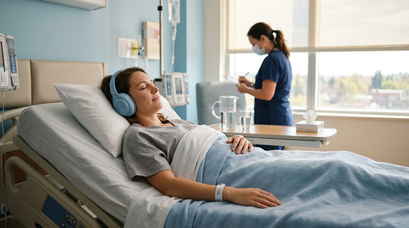 A patient resting in a hospital recovery bed wearing soft headphones with eyes closed while a nurse works in the background