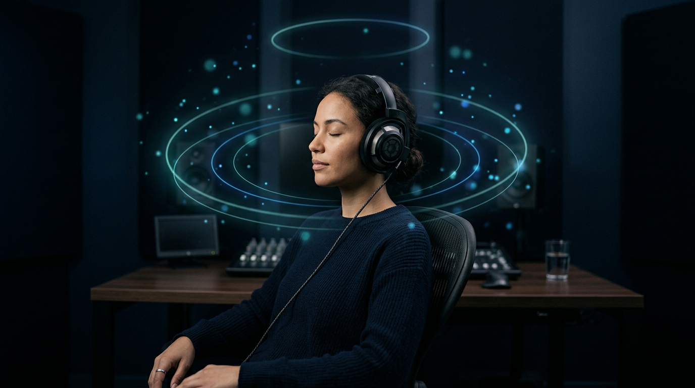 A calm listener with closed eyes wearing studio headphones in a dark room, surrounded by floating rings and particles of blue and teal light suggesting 3D sound.