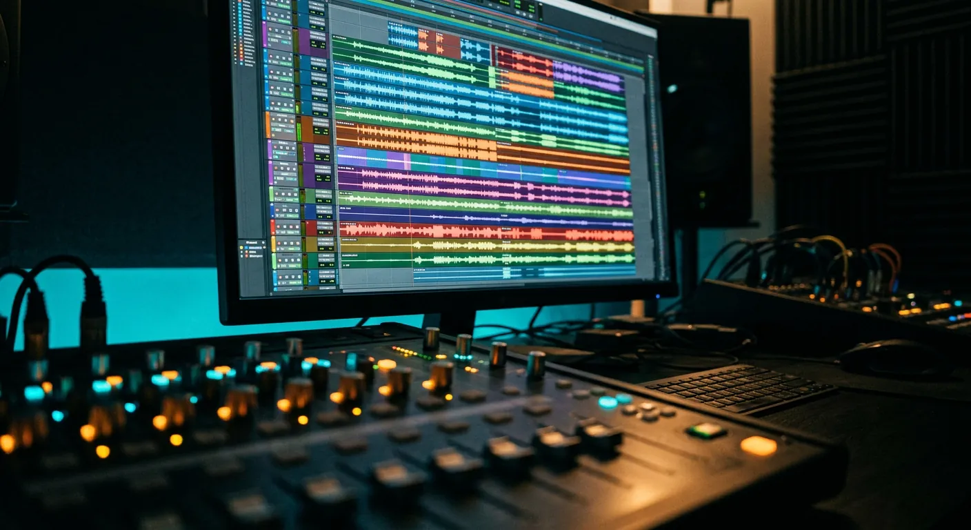 Monitor showing colorful multitrack waveforms above a mixing console with glowing amber and teal knobs in a dim studio