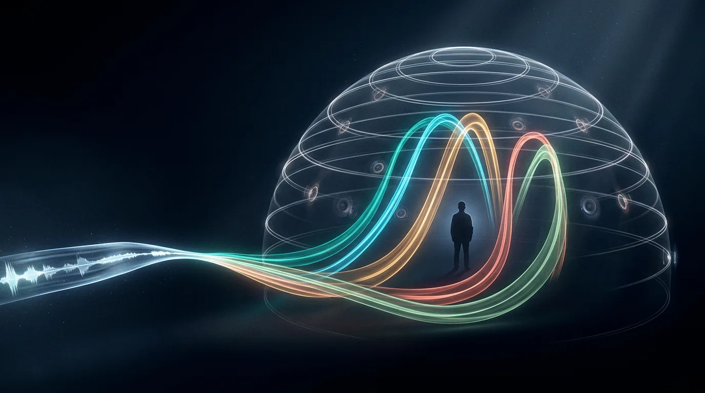 Glowing stereo waveform splitting into colour-coded stem layers that fan out into a 3D sphere of sound around a listener
