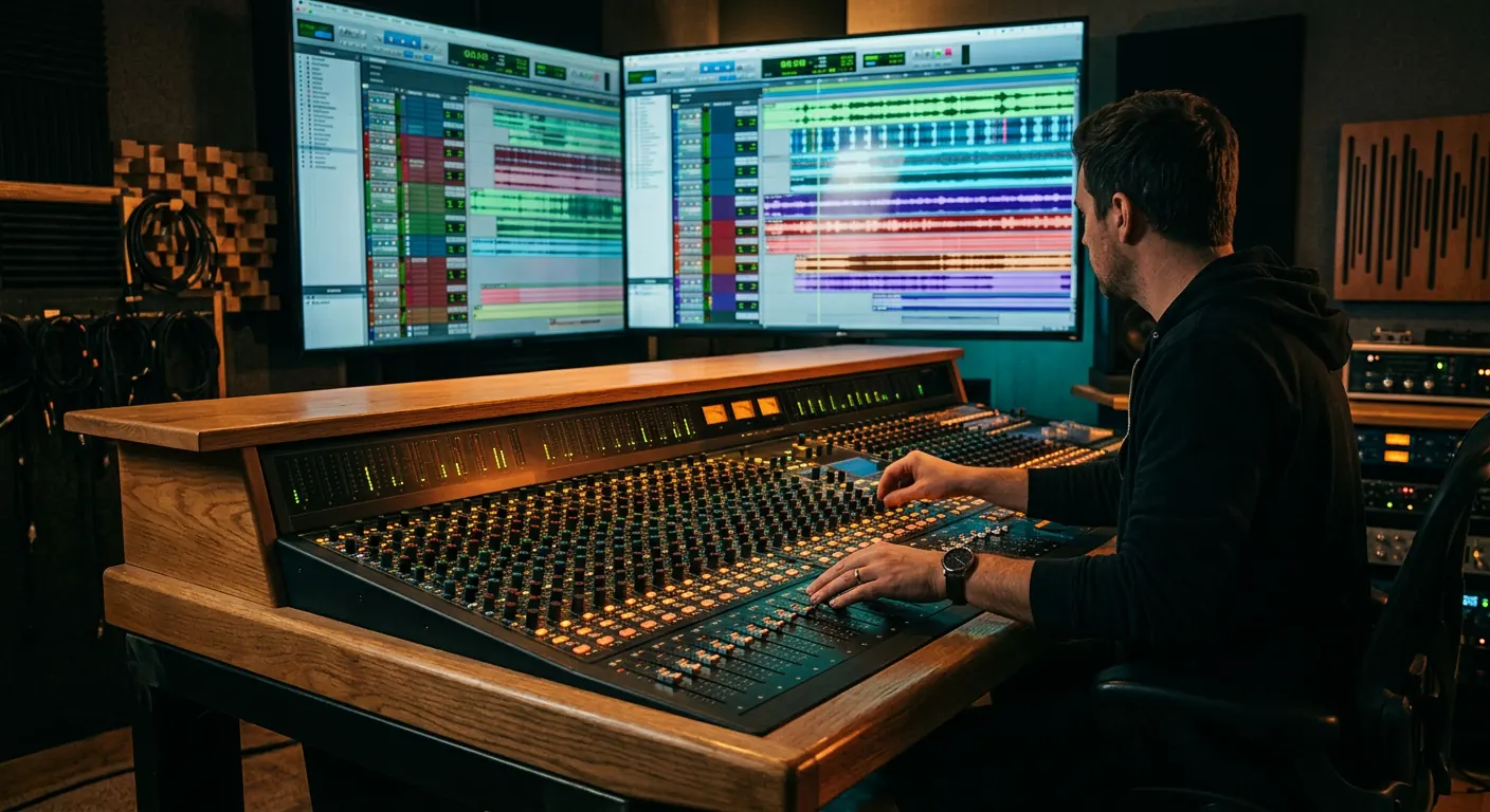 Mixing engineer at a large console in a dim studio with a multitrack session of colourful waveforms on the screens