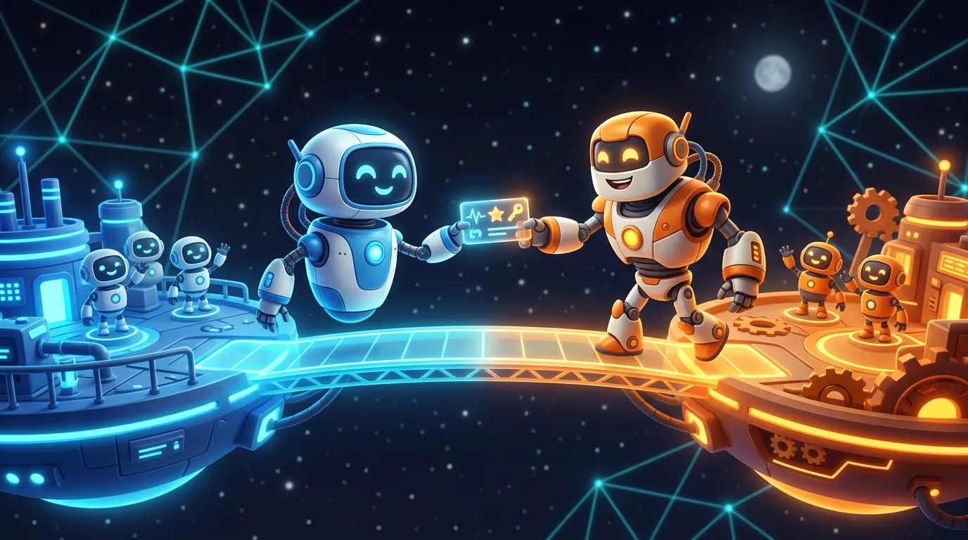 Two friendly robots meeting on a glowing bridge, one handing the other a luminous ID card, with soft cyan sound waves in the background
