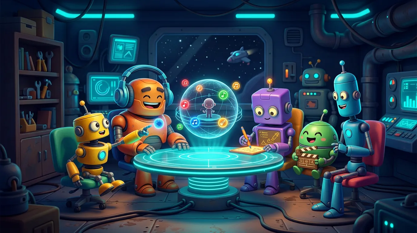 Five happy cartoon robots of different colours gathered around a round holographic table with a glowing sphere of sound rings floating in the middle