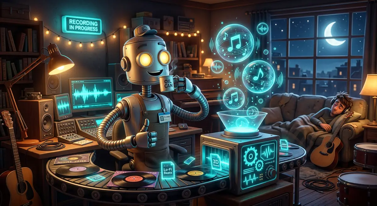 A cheerful robot working a night shift in a cozy studio, sipping from a tiny mug and giving a thumbs up, while vinyl records and files move along a conveyor into a machine that outputs glowing sound spheres and a musician sleeps on the couch