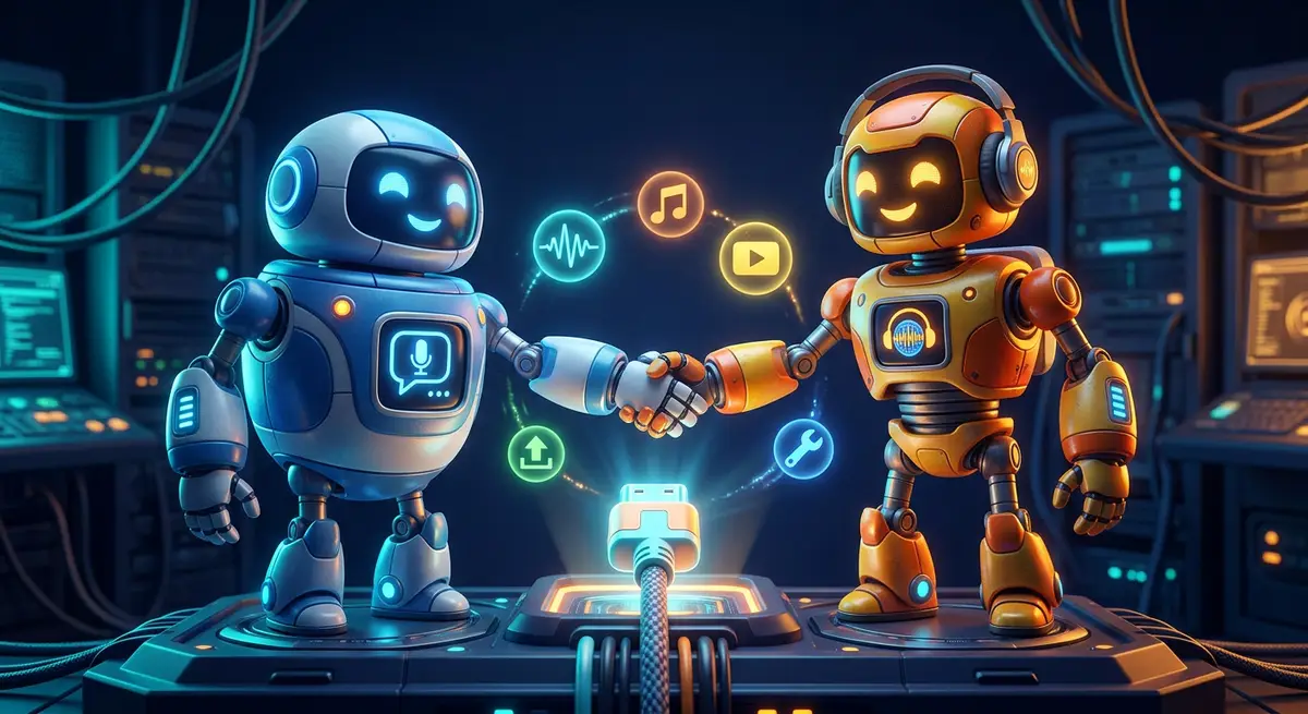 Two friendly robots shaking hands over a glowing connector plug, one with a chat bubble and one with a headphone icon