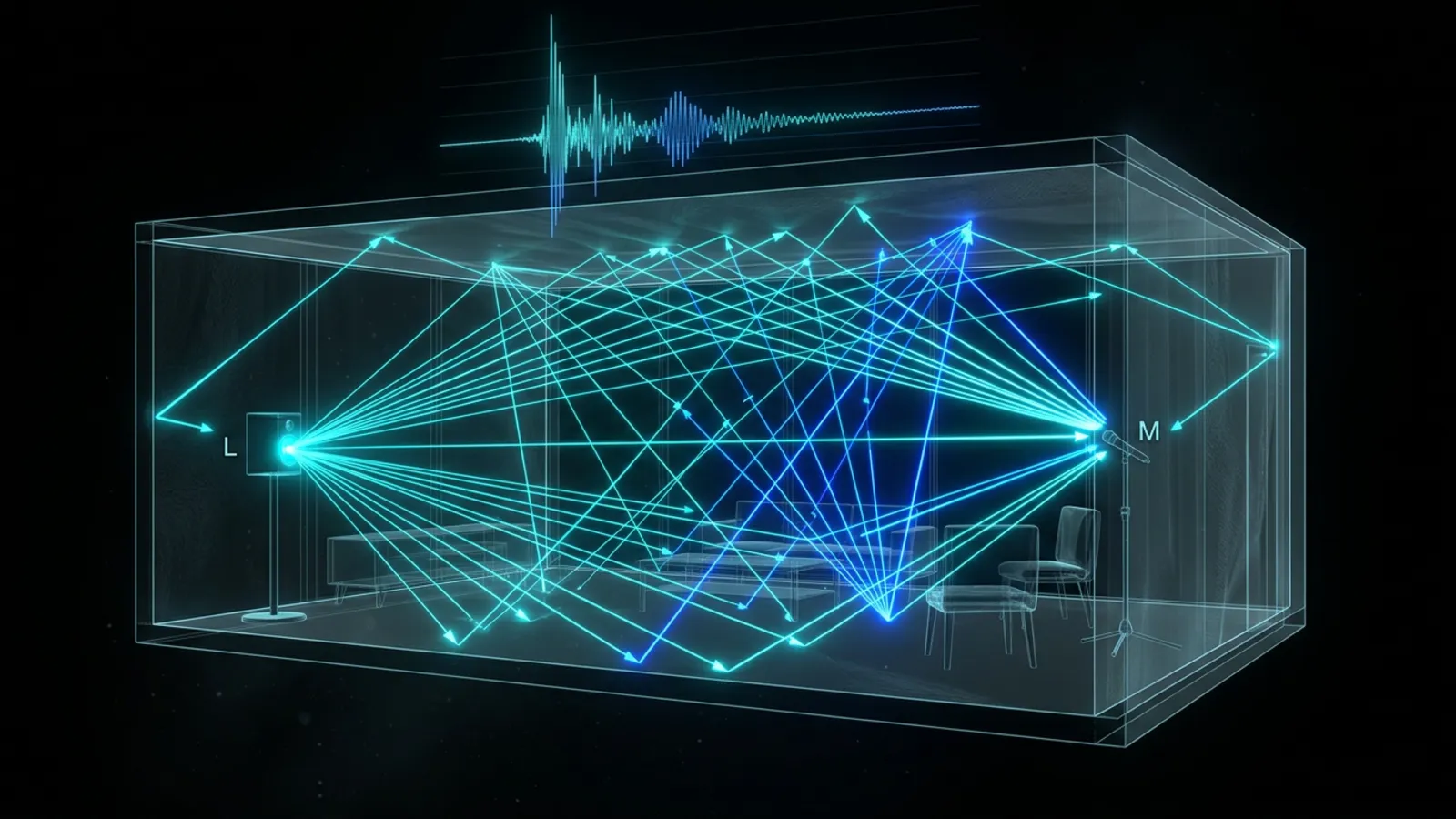 Visualization of a 3D room model with glowing sound rays reflecting off walls from a loudspeaker to a listener position.