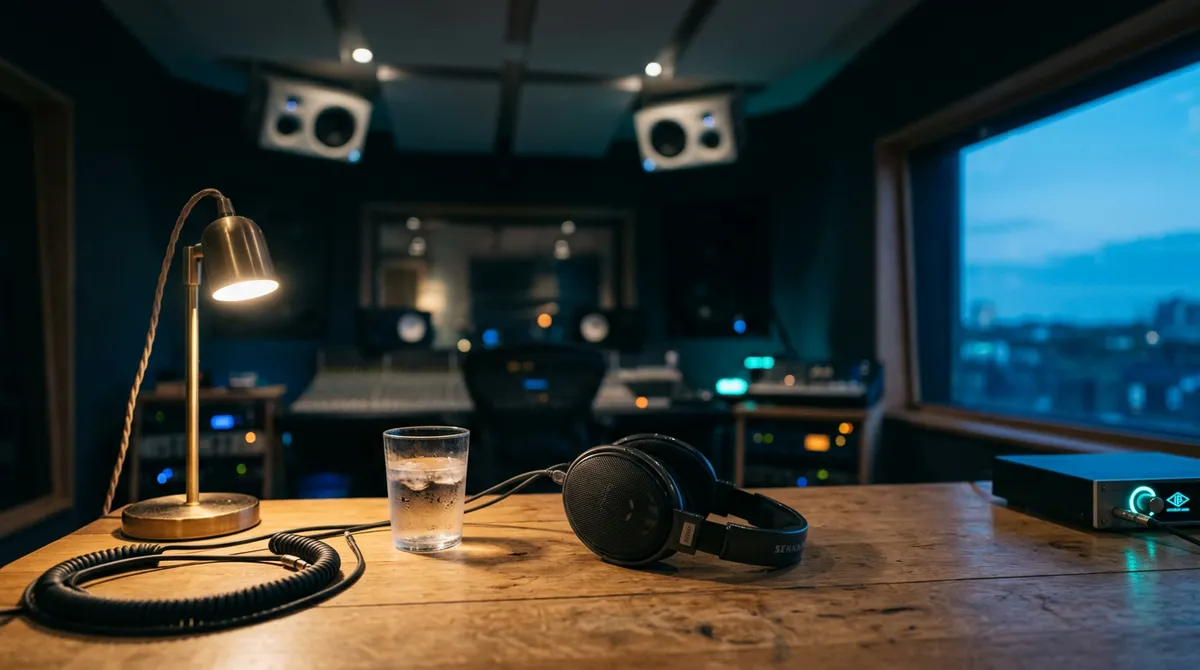 Studio headphones resting on a wooden desk beside a glass of water, with a dimmed immersive studio and a dusk window in the background